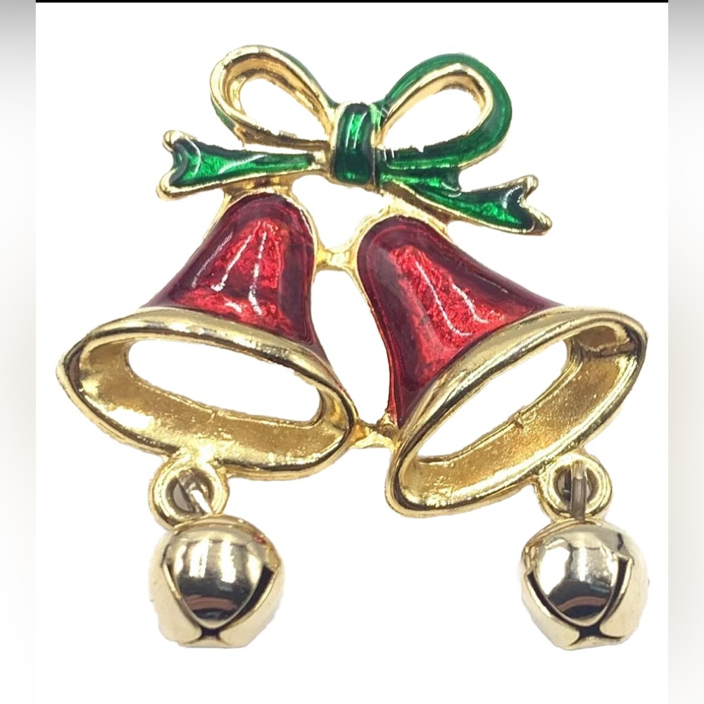 Vintage Enamel Faux Gripoix CHRISTMAS BOW BELLS Lapel Pin